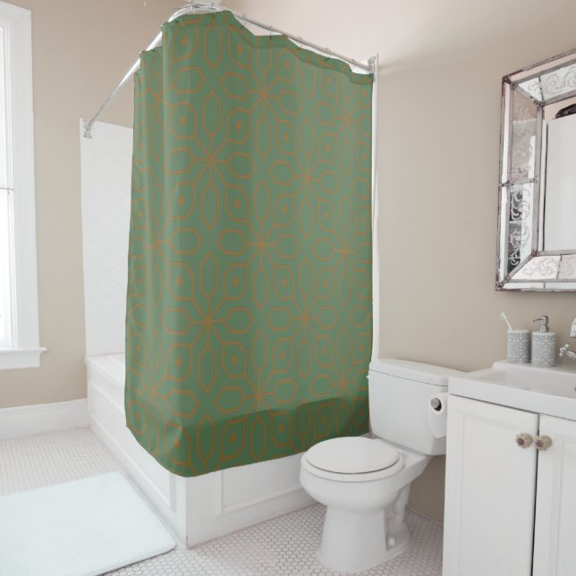 Sage Green Boho Tribal Pattern Olive Green Shower Curtain (In Situ)