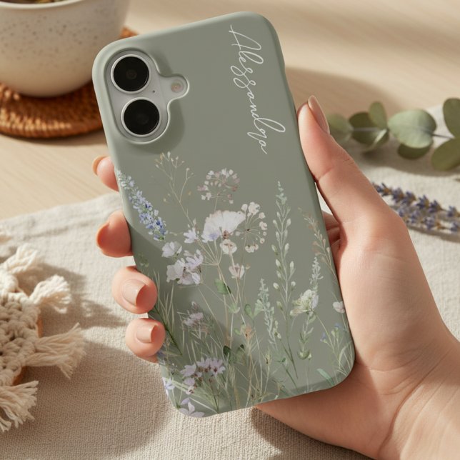 Sage Green Boho Watercolor Wildflowers iPhone 16 Case (Creator Uploaded)