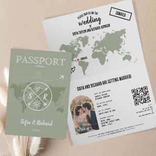 Sage Green Boho Wedding Passport Map QR Code Invitation