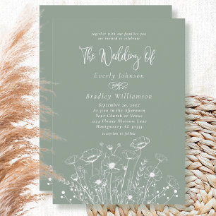 Sage Green Boho White Wildflower QR Code Wedding Invitation