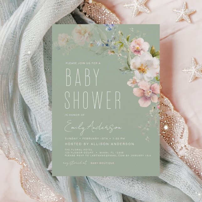 Sage Green Boho Wildflower Baby Shower Invitation (Creator Uploaded)