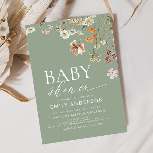 Sage Green Boho Wildflower Baby Shower  Invitation