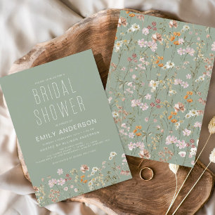 Sage Green Boho Wildflower Bridal Shower Elegant Invitation