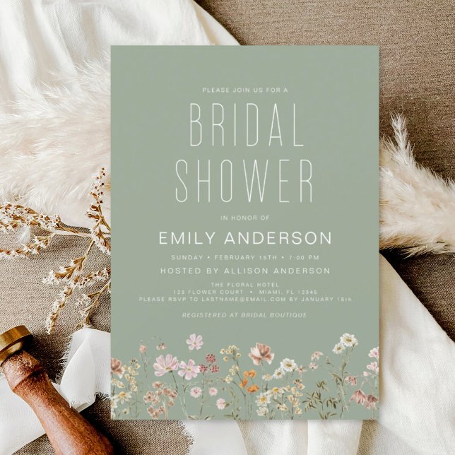 Sage Green Boho Wildflower Bridal Shower Elegant Invitation (Creator Uploaded)