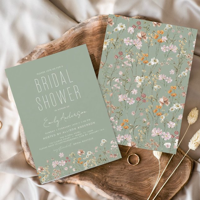 Sage Green Boho Wildflower Bridal Shower Elegant Invitation (Creator Uploaded)