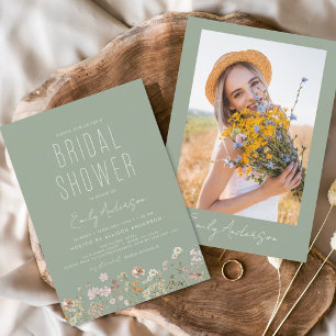 Sage Green Boho Wildflower Bridal Shower Photo Invitation