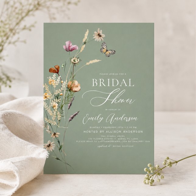 Sage Green Boho Wildflower Bridal Shower Script Invitation (Creator Uploaded)