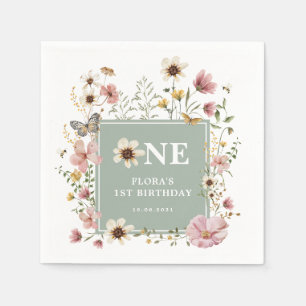 Sage Green Boho Wildflower Girl 1st Birthday Party Napkin