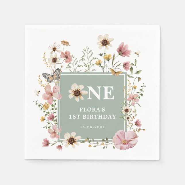 Sage Green Boho Wildflower Girl 1st Birthday Party Napkin (Front)