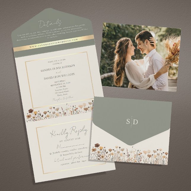Sage Green Boho Wildflower Wedding All In One Invitation (Creator Uploaded)