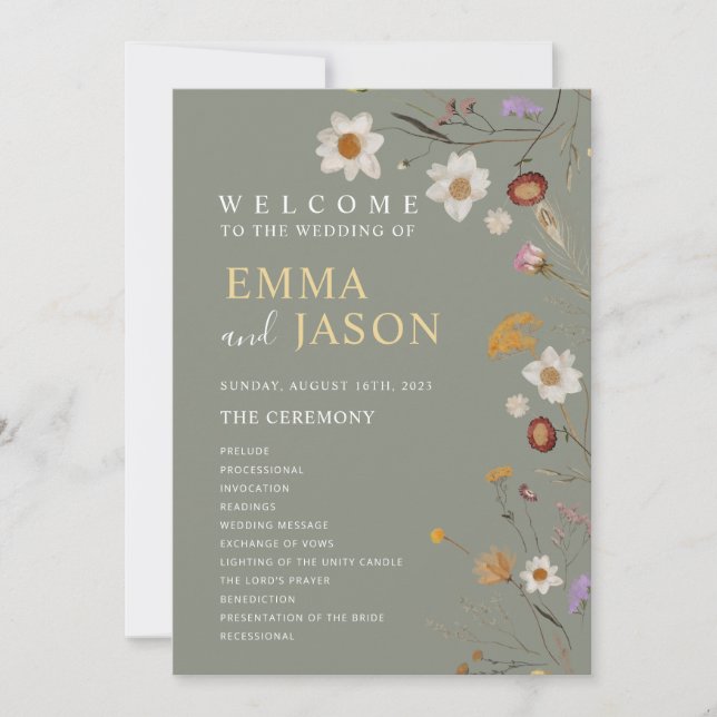 Sage Green Boho Wildflower Wedding Program (Front)