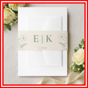 Sage Green Boho Wildflowers Monogram Wedding Invitation Belly Band