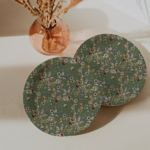 Sage Green Boho Wildflowers Paper Plate