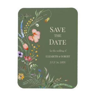 Sage Green Boho Wildflowers Save The Date Card Magnet