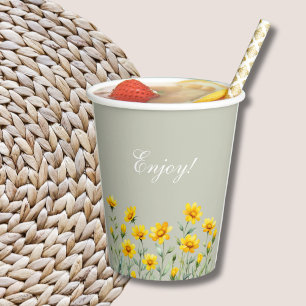 Sage Green Boho Yellow Wildflower Baby Shower Paper Cups