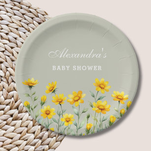 Sage Green Boho Yellow Wildflower Baby Shower Paper Plate