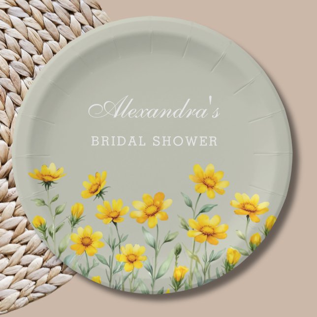 Sage Green Boho Yellow Wildflower Bridal Shower Paper Plate (Creator Uploaded)
