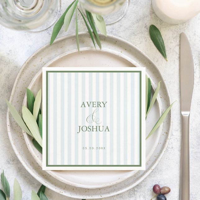 Sage Green Border & Blue Stripes Timeless Wedding Napkin (Creator Uploaded)