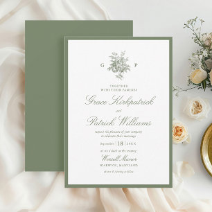 Sage Green Border Classic Monogram Wedding Invitation