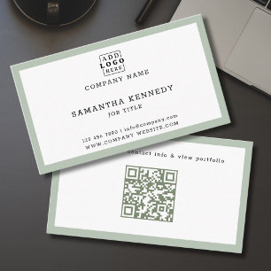 Sage Green Border QR Code Professional Custom Logo Business Card