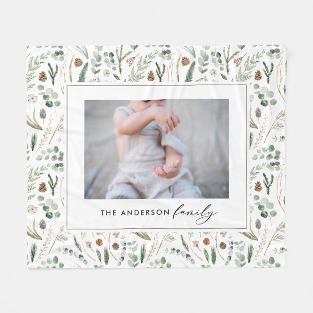 Sage green botanica elegant modern family photo fleece blanket (Front (Horizontal))