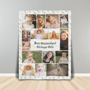 Sage Green Botanical 16 Photo Collage  Fleece Blanket