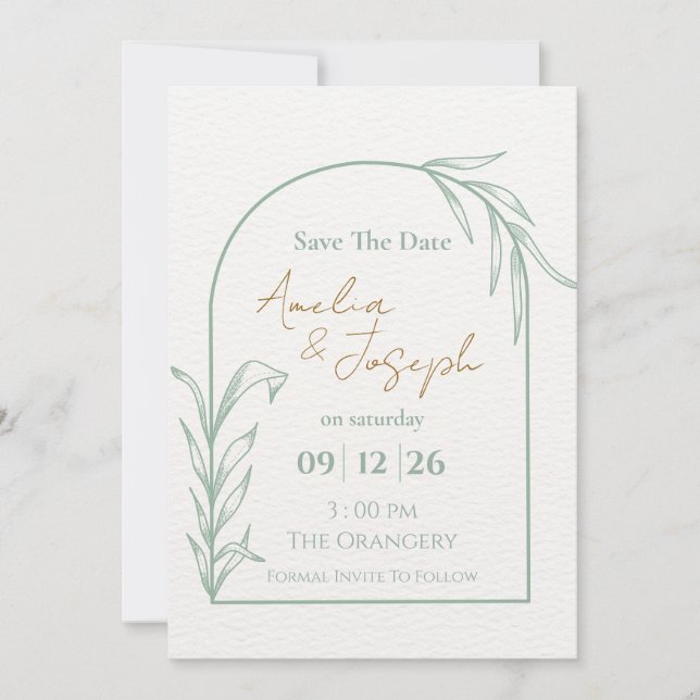 Sage Green Botanical Arch Save the Date Invitation (Front)