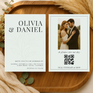 Sage Green Botanical Boho Photo QR Code Wedding Invitation
