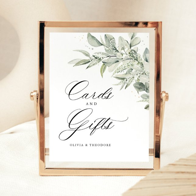 Sage Green Botanical Cards & Gifts Wedding Table Pedestal Sign (Sage green botanical cards and gifts wedding sign, watercolor greenery elegant reception table sign)