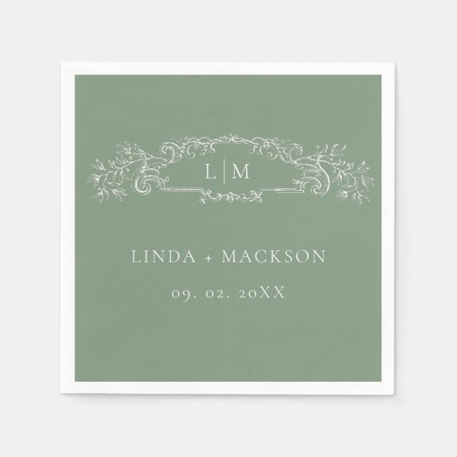  Sage Green botanical crest monogram wedding Napkin (Front)