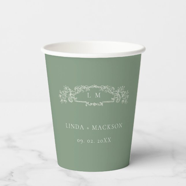 Sage Green botanical crest monogram wedding Paper Cups (Back)