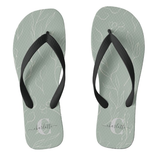 Sage Green Botanical Custom Monogrammed Name  Thongs (Footbed)
