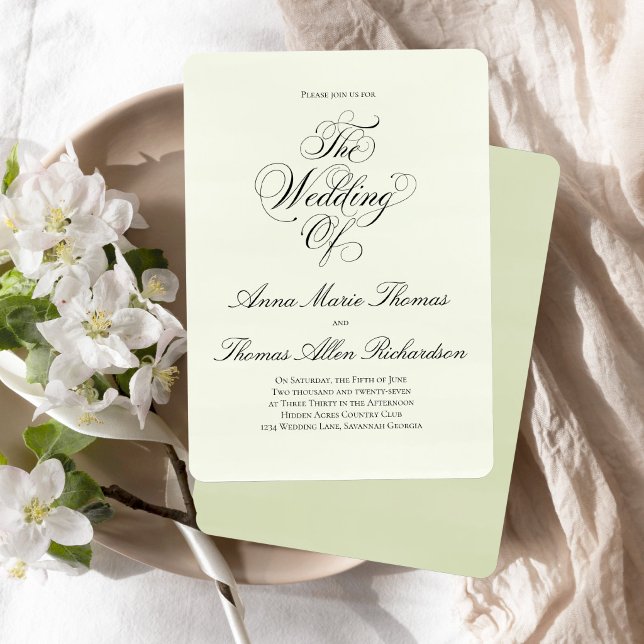 Sage Green Botanical Elegant Minimal Wedding Of  Invitation (Sage green elegant script invitation with minimalist and timeless layout.)