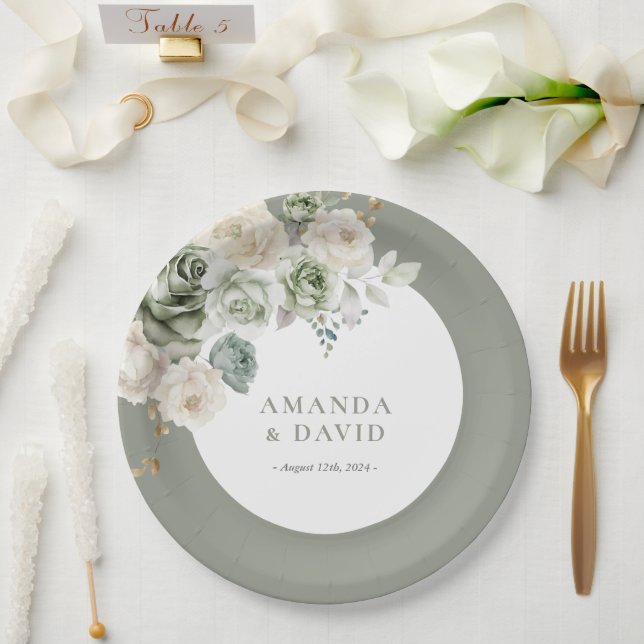 Sage Green Botanical Elegant Wedding Paper Plate (Wedding)