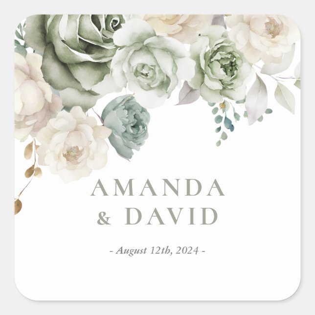 Sage Green Botanical Elegant Wedding Square Sticker (Front)