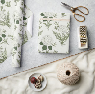 Sage Green Botanical Fern & Hydrangea Wrapping Paper