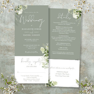 Sage Green Botanical Floral All In One Wedding Invitation