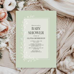 Sage Green Botanical Floral Baby Shower Invitation
