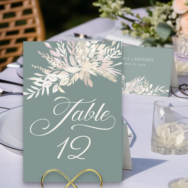 Sage Green Botanical Foliage Table Number (Sage Green Elegant Wedding Table Number - Foliage Duet wedding collection)