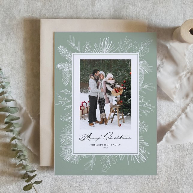 Sage Green Botanical Frame Photo Christmas Holiday Card (Creator Uploaded)