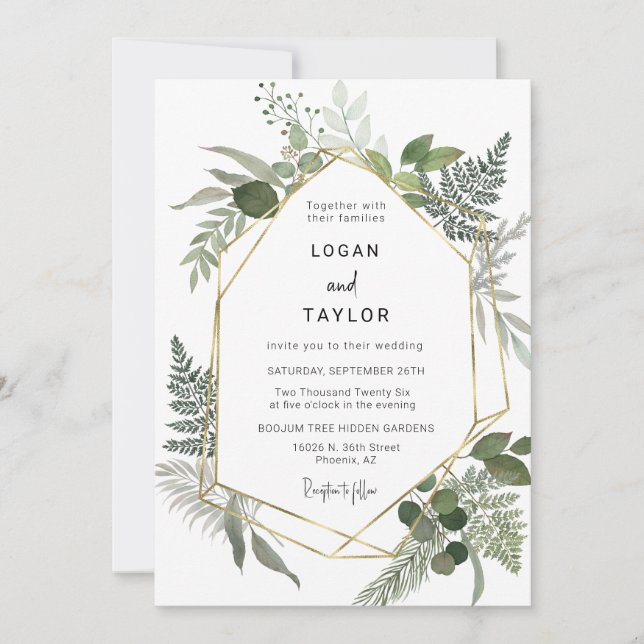 Sage Green Botanical Greenery Gold Frame QR Code Invitation (Front)