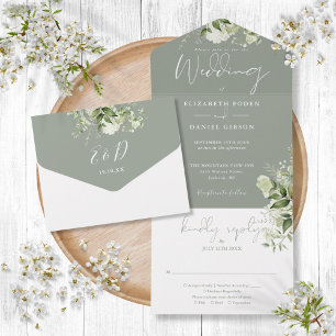 Sage Green Botanical Greenery Monogram Wedding All In One Invitation