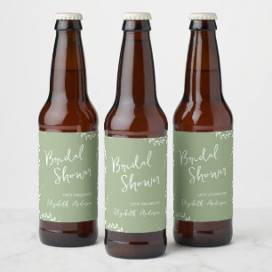 Sage Green Botanical Leaves Bridal Shower Beer Bottle Label