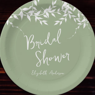 Sage Green Botanical Leaves Bridal Shower Paper Plate
