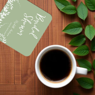 Sage Green Botanical Leaves Bridal Shower Square Paper Coaster