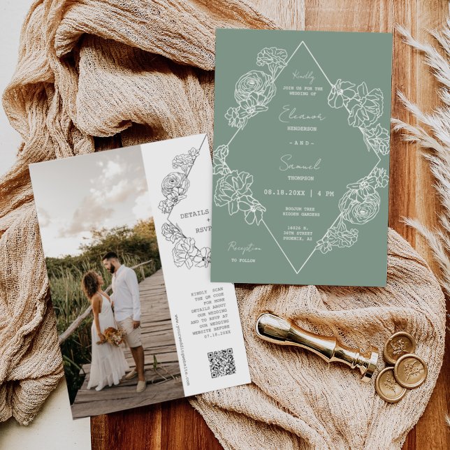Sage Green Botanical Line Art Boho QR Code Photo Invitation (Creator Uploaded)