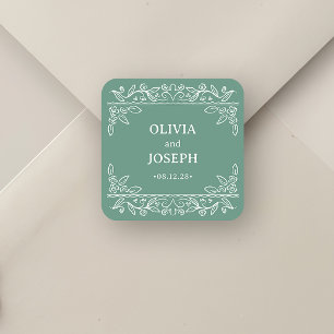 Sage Green Botanical Line Art Wedding Square Sticker
