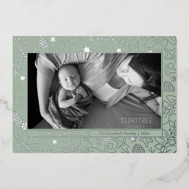 Sage Green Botanical Merry Christmas Rose Gold Foil Holiday Card (Front)