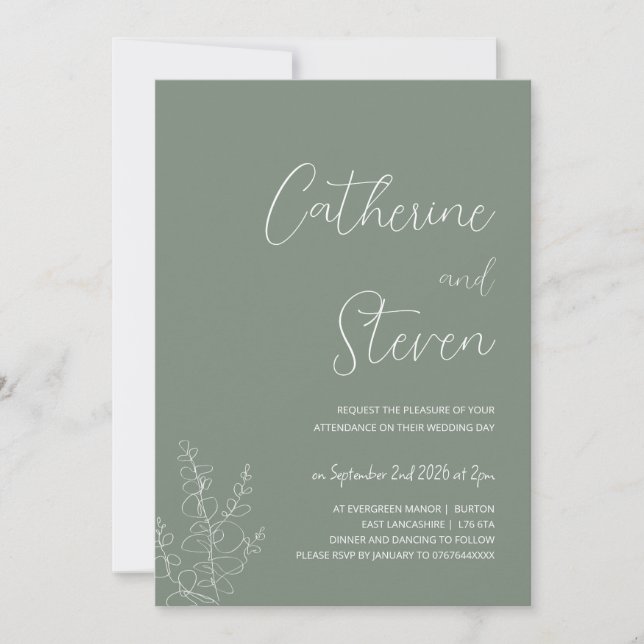 Sage green botanical minimalist wedding invitation (Front)