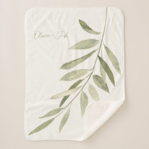 Sage Green Botanical Modern Boho Personalised Sherpa Blanket